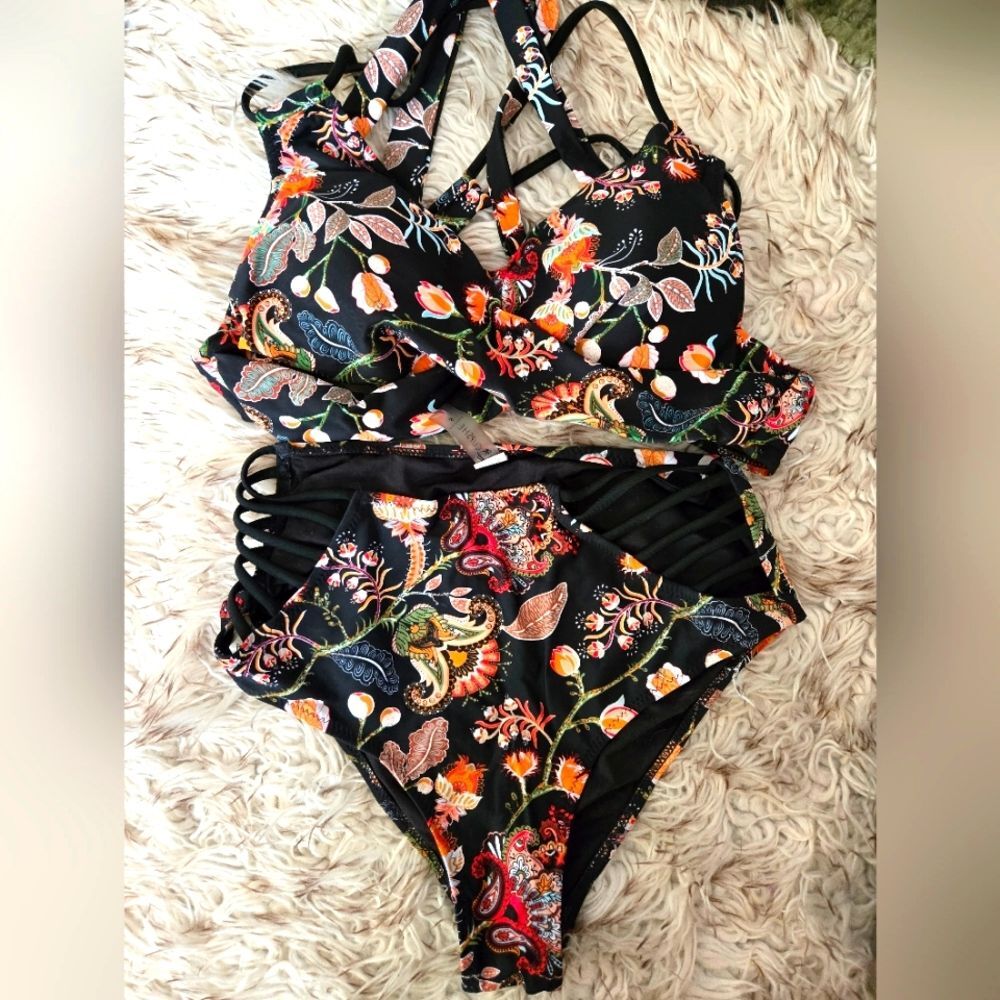 Floral Black Boho 2 Piece Swimsuit